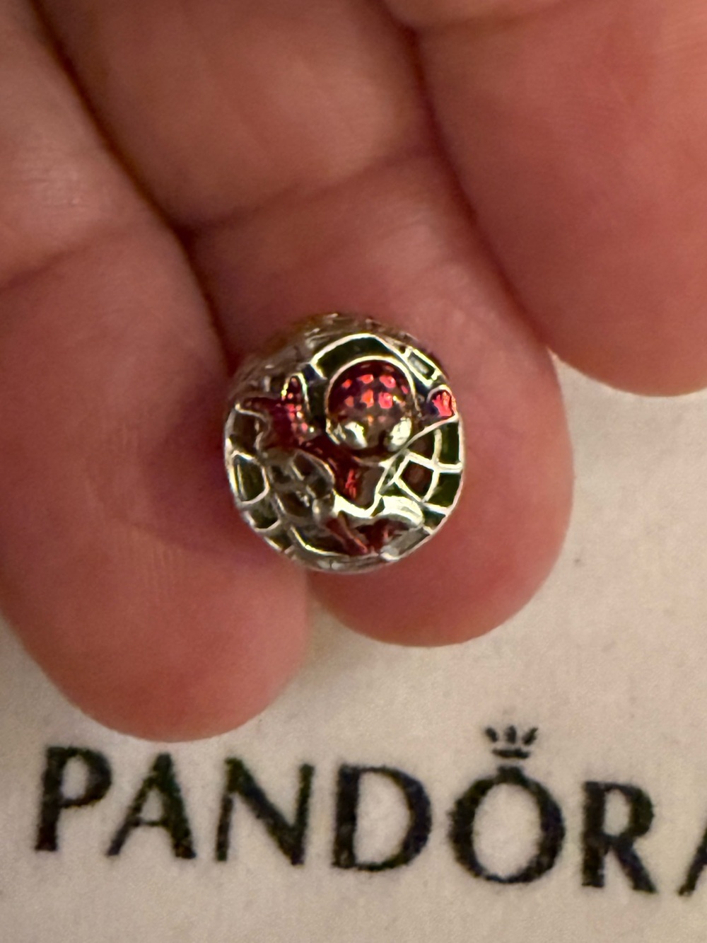 Pandora Silver Spider Web Charm with Red Crystals
